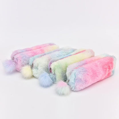 2PcsPlush Rainbow Pencil Case for Girls Fluffy Pencil Case Cute Rainbow Pencil Holder Soft Pencil Case Fluffy Pencil Bag Makeup Pouch Colored Storage Bags Large Capacity School Supplies for Kids