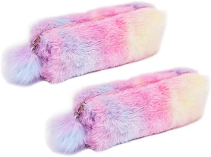 2PcsPlush Rainbow Pencil Case for Girls Fluffy Pencil Case Cute Rainbow Pencil Holder Soft Pencil Case Fluffy Pencil Bag Makeup Pouch Colored Storage Bags Large Capacity School Supplies for Kids