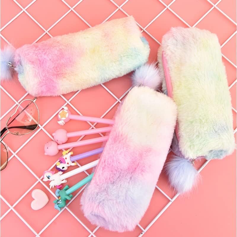 2PcsPlush Rainbow Pencil Case for Girls Fluffy Pencil Case Cute Rainbow Pencil Holder Soft Pencil Case Fluffy Pencil Bag Makeup Pouch Colored Storage Bags Large Capacity School Supplies for Kids