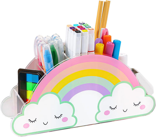 Pencil Holder for Desk, Acrylic Pen Holder Rainbow Supply Caddy for Home Classroom Homeschool Office Desktop Storage Art Stationery Supplies Organizer Back to School, Birthday Gifts for Kids