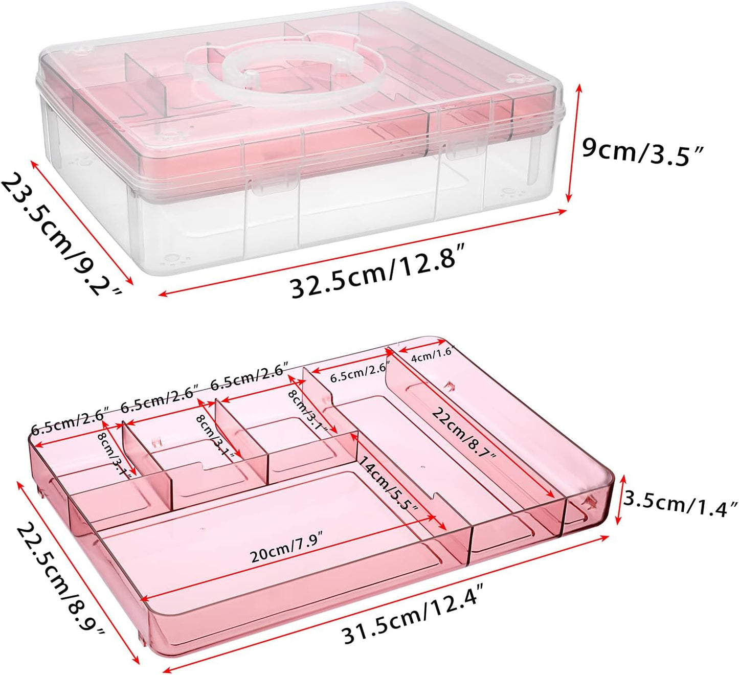 2-Tier Cute Bear Storage Box with Removable Divided Tray Portable Clear Plastic Art Craft Supply Organizer Stackable Home Office Supplies Storage Container for Pens Notes A4 papers etc (Pink)