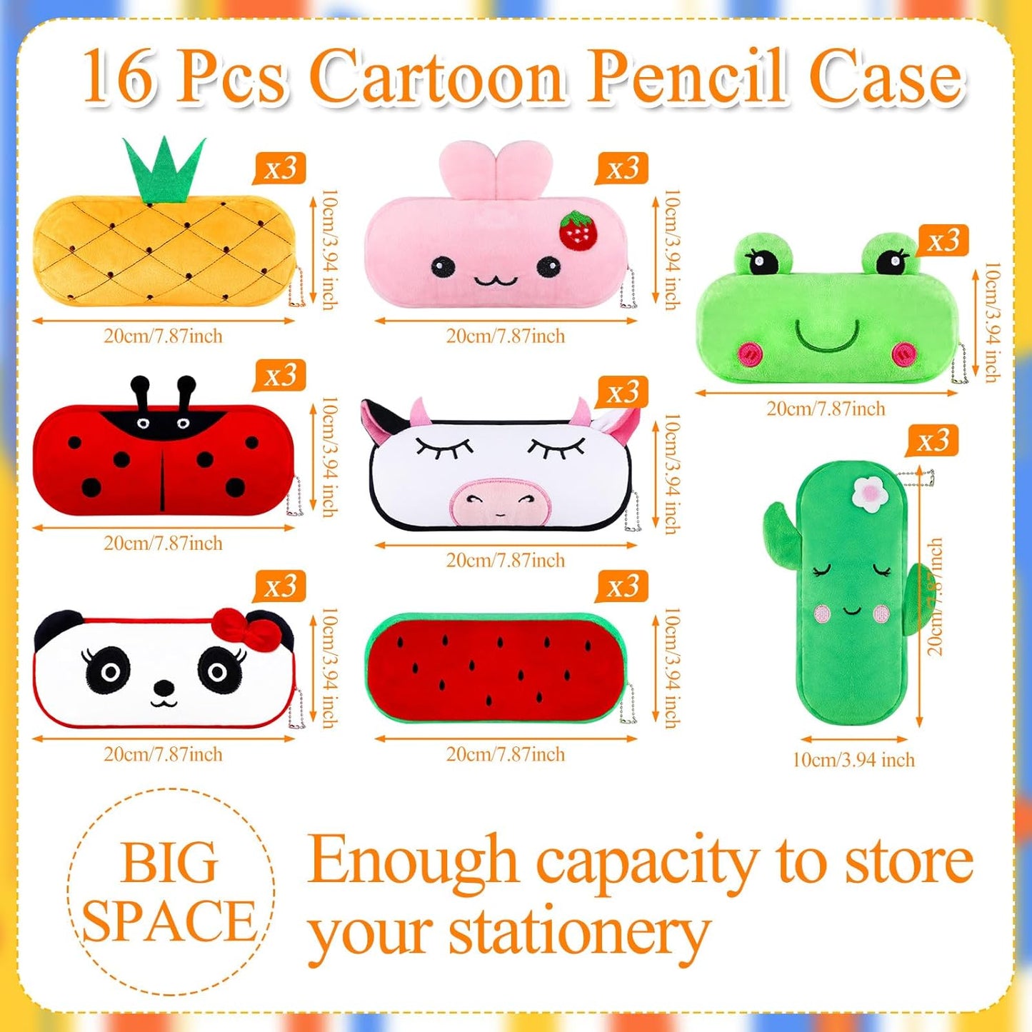 16 Pcs Cartoon Pencil Pouch Bulk Cute Zipper Pencil Cases Animal and Fruit Pencil Boxes Plush Pencil Bag Japanses Kawaii Stationery Bag for Kids Boys Girls Students Classroom School