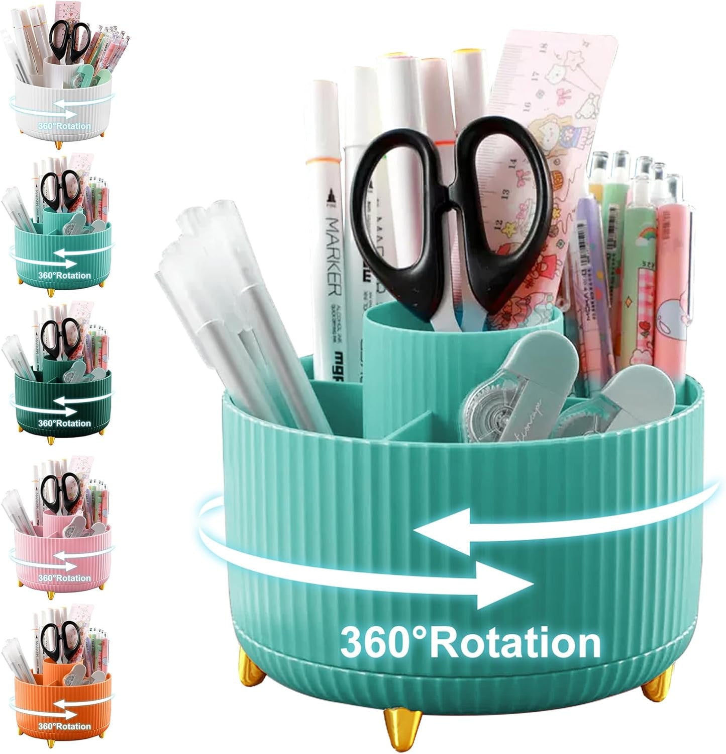 Pencil Holder For Desk,5 Slots 360°Degree Rotating Desk Organizers And Accessories,Desktop Storage Stationery Supplies Organizer, Cute Pencil Cup Pot For Office, School, Home (B-White)