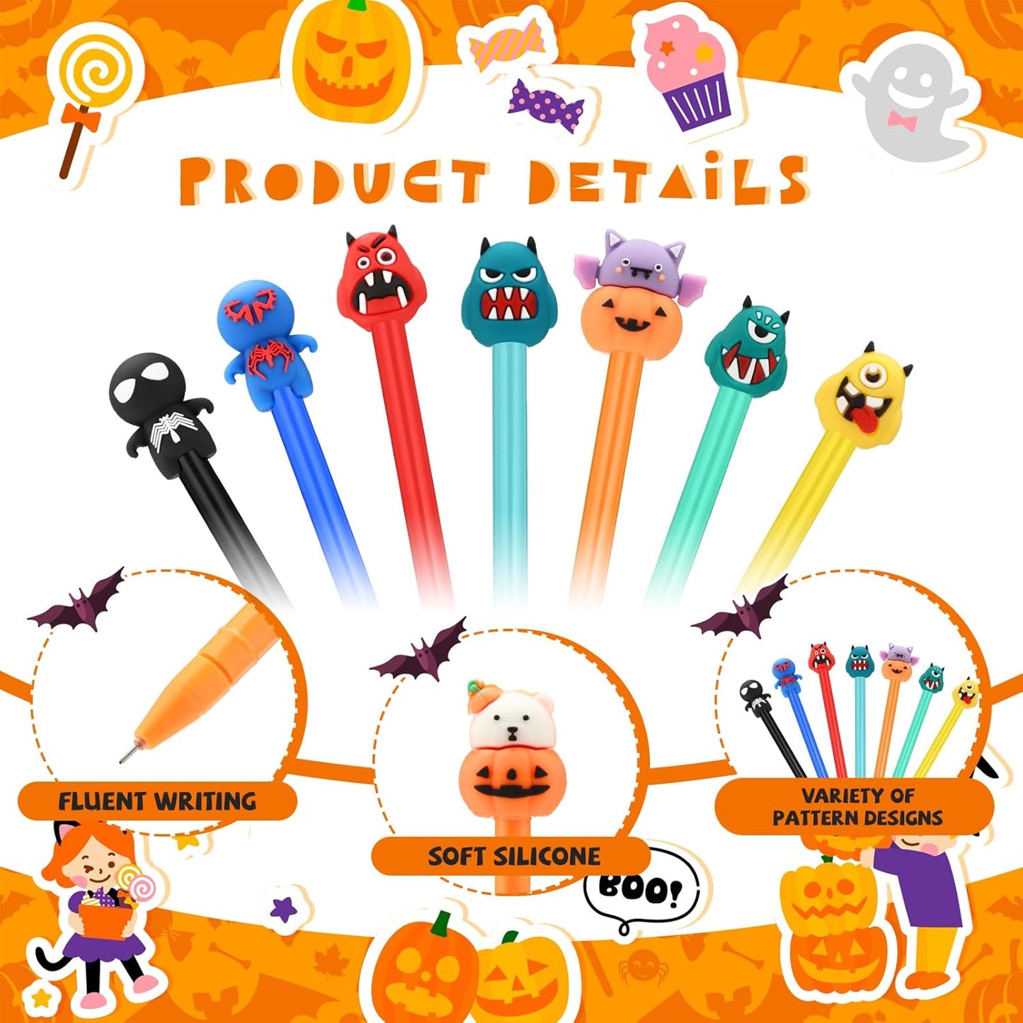 120 Pieces Halloween Pens Pumpkin Skull Bat RollerBall Gel Ink Pens Cute Cartoon 0.5 MM Bulk Pens for Student Stationery Office School Halloween Party Favors Supplies