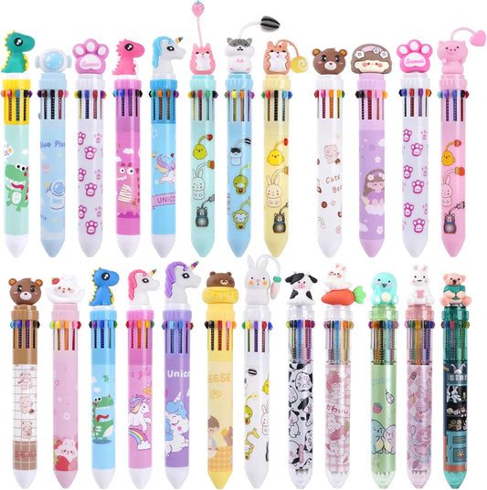 24 Pieces Multicolor Ballpoint Pens 10-in-1 0.5mm Retractable Ballpoint Cartoon Pens Dinosaur Pens Unicorn Pens for Office School Supplies Students Gift