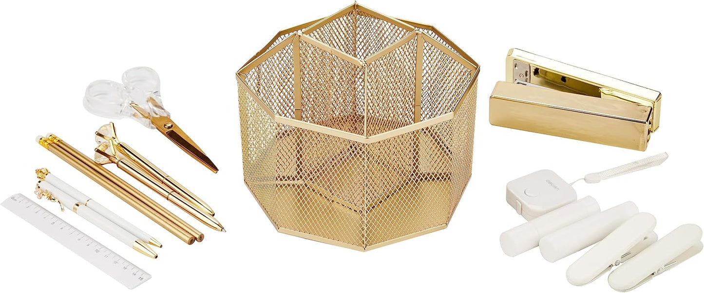 Mesh Desk Organizer Rotate with 5 Compartments Spinning Tidy Candy/Pen Holder Office, Art Supply, Storage, Classroom, Home (Gold)