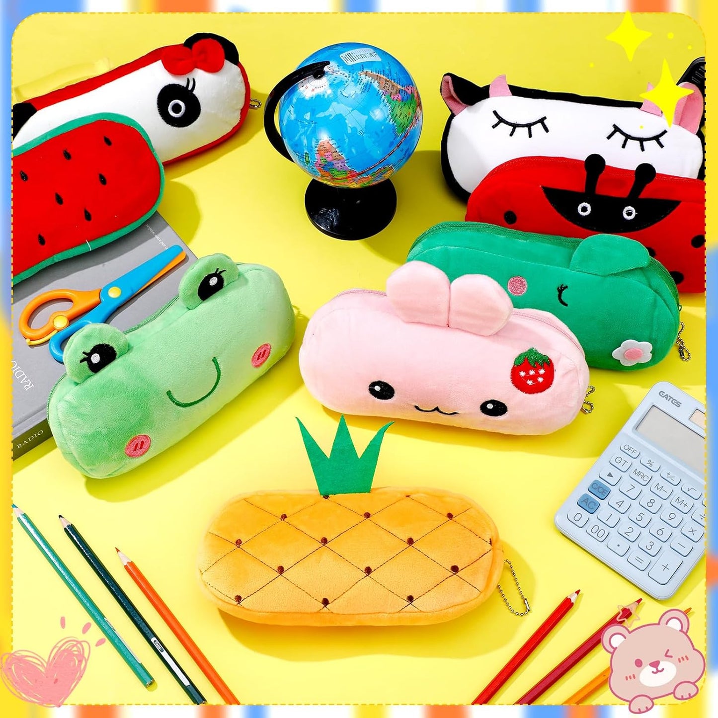 16 Pcs Cartoon Pencil Pouch Bulk Cute Zipper Pencil Cases Animal and Fruit Pencil Boxes Plush Pencil Bag Japanses Kawaii Stationery Bag for Kids Boys Girls Students Classroom School