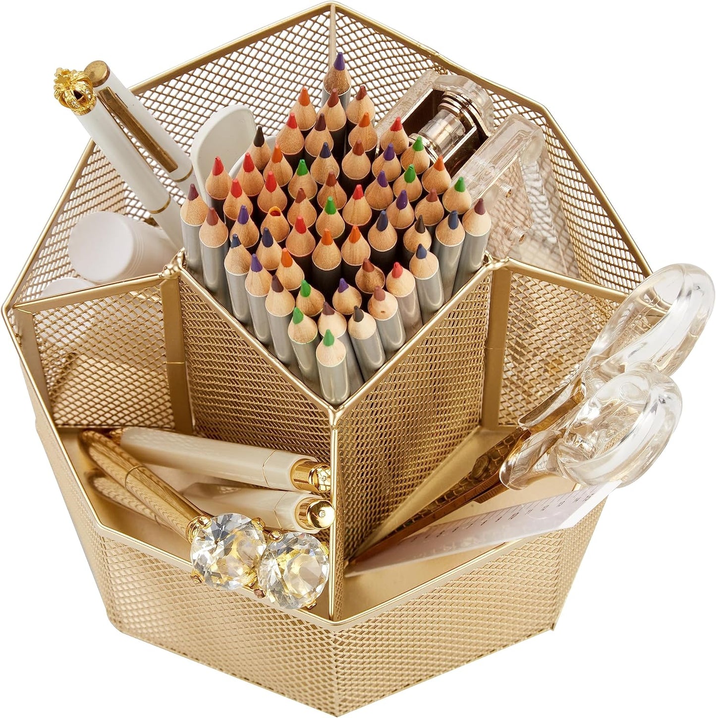 Mesh Desk Organizer Rotate with 5 Compartments Spinning Tidy Candy/Pen Holder Office, Art Supply, Storage, Classroom, Home (Gold)