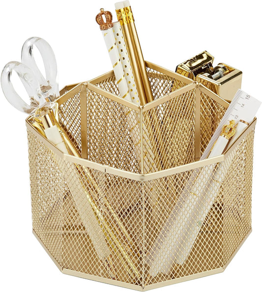 Mesh Desk Organizer Rotate with 5 Compartments Spinning Tidy Candy/Pen Holder Office, Art Supply, Storage, Classroom, Home (Gold)