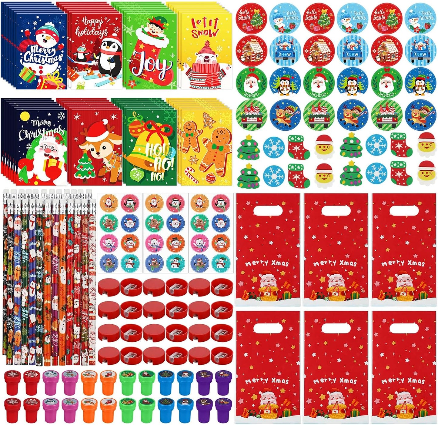 216 Christmas Stationery Party Favors Xmas Party Supplies Assortment Goody Bag Fillers for Christmas Gift Bags Drawstring Prizes Events(Fresh Style)