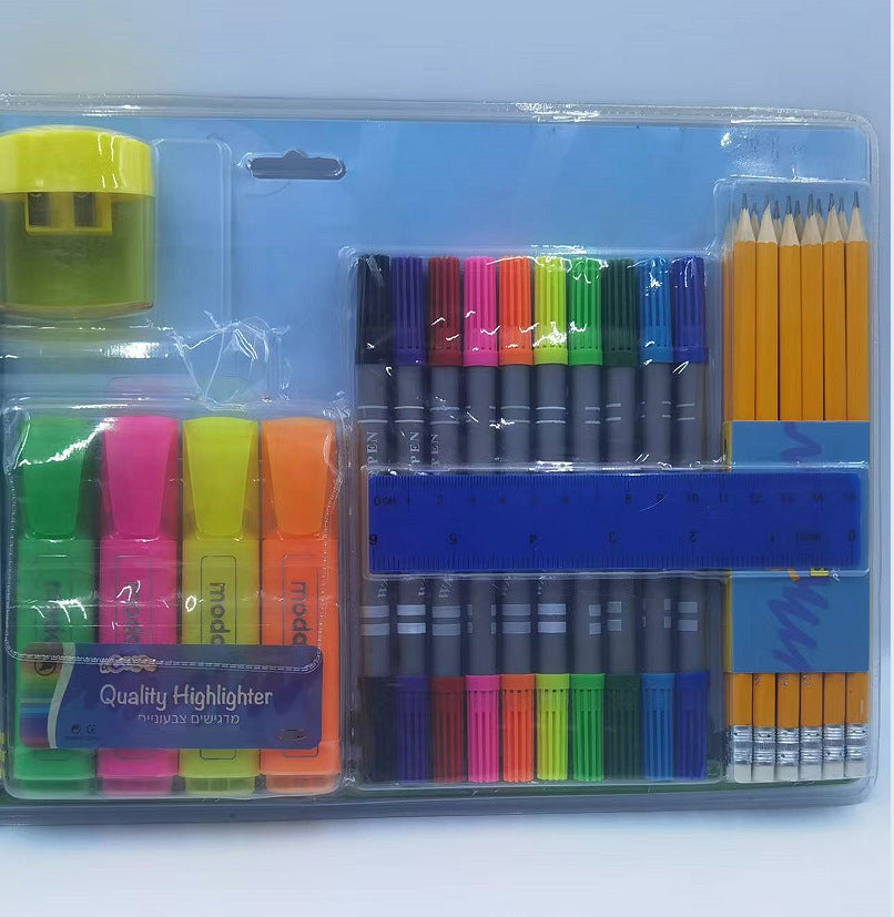 Watercolor pencils, colored pencils, scissors, staplers, highlighters, stationery sets